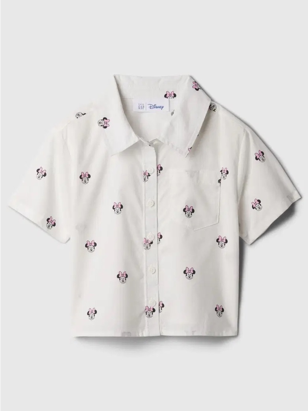 Disney White Short-Sleeve Button-Down Shirt with Pink Minnie Print